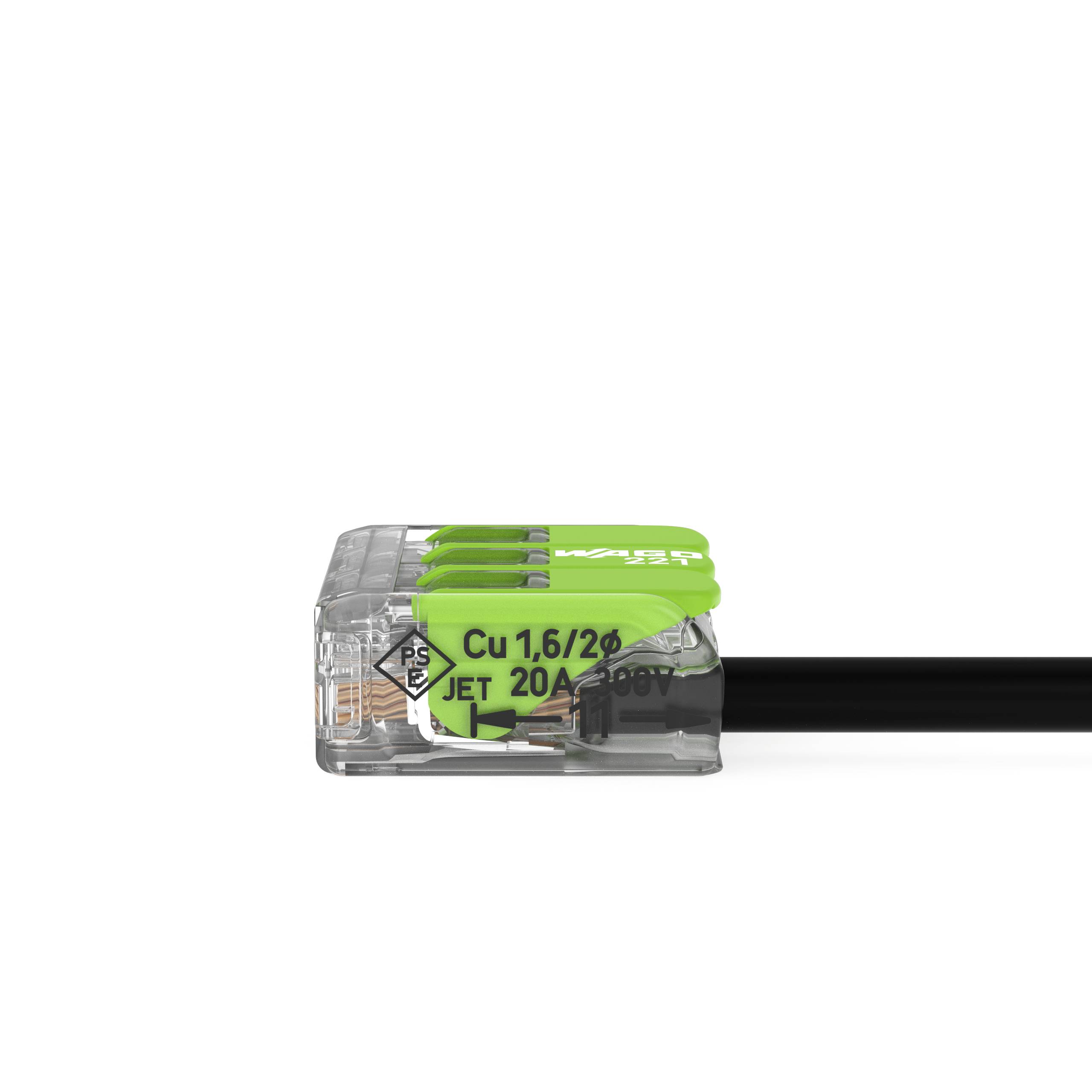 Transparante, rechthoekige stekker met groene vergrendeling en zwart kabel. Gemarkeerd met 'Cu 1,6/25 JET 20 A'. Stroomconnector voor elektrische toepassingen.