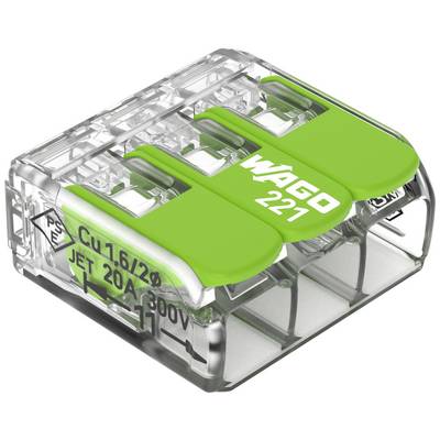 Een transparante elektrische stekkerverbinding van het merk WAGO, model 221, met drie groene hefbomen, voor eenvoudige draadaansluiting.