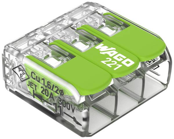 WAGO 221-423 221 Verbindingsklem Flexibel: 0.14-4 mm² Massief: 0.2-4 mm² Aantal polen: 3 50 stuk(s) Transparant, Groen Box