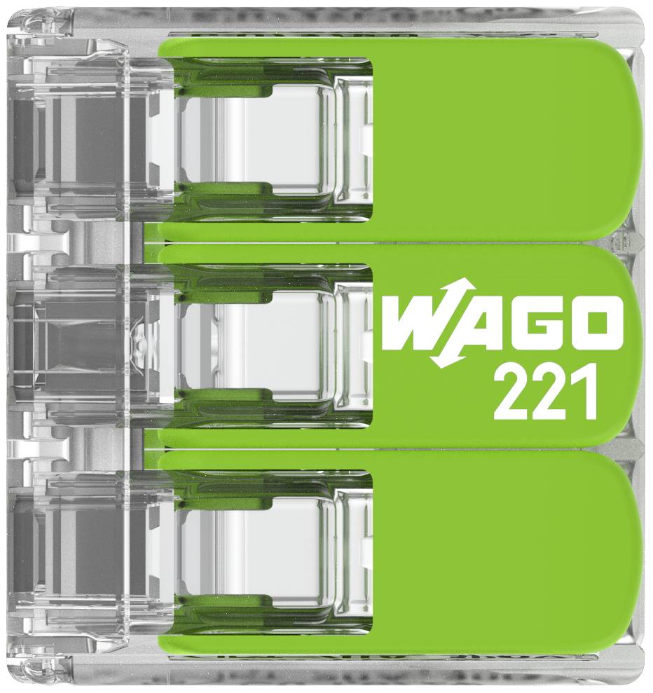 Drie groene hefboomklemmen van het merk 'WAGO 221', geschikt voor eenvoudige en veilige elektrische verbindingen.