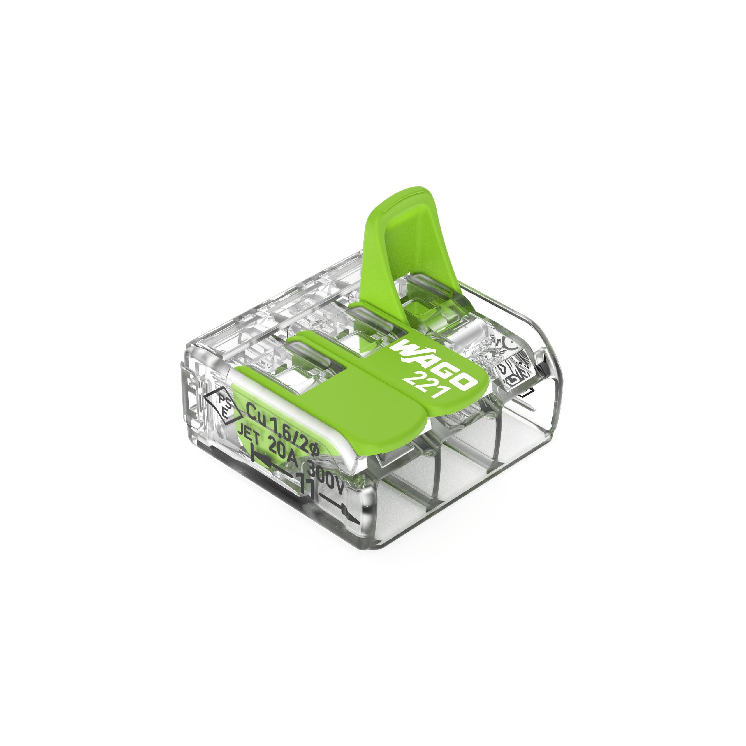 Een transparante, rechthoekige klem met een groene hendel, gemarkeerd met 'WAGO 221'. Hij is geschikt voor elektrische verbindingen.