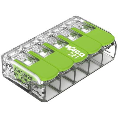Een transparante kunststof aansluitklem met vijf groene hendels, gemarkeerd met 'WAGO 221'.