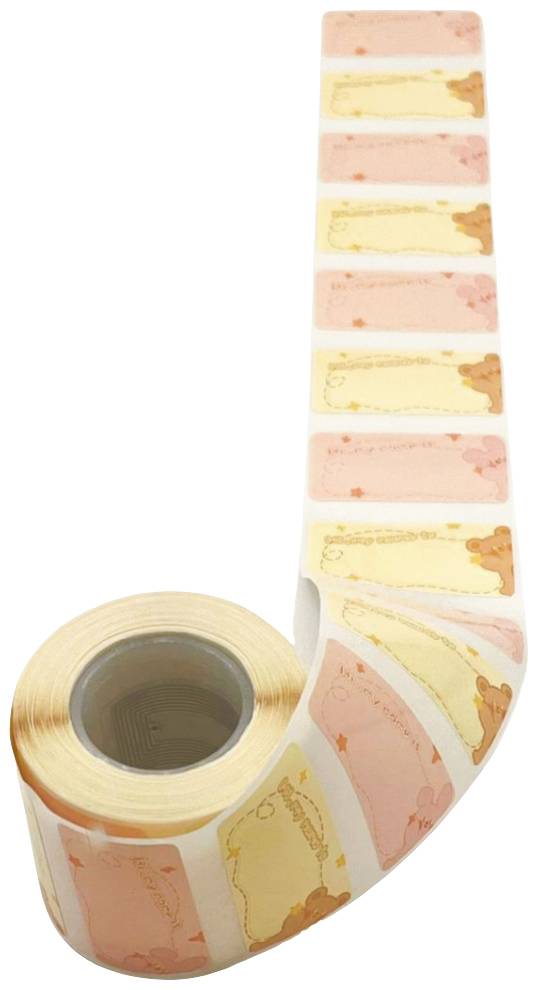 Een rol plakfolie met gedrukte pasteltinten taartmotieven, voornamelijk in roze en gele tinten.