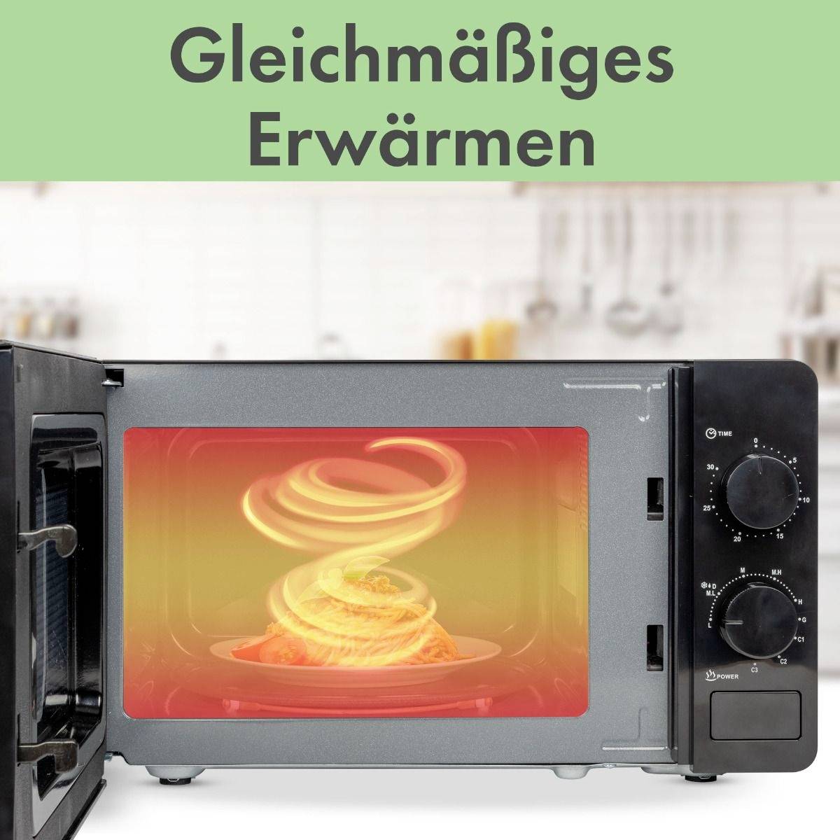 'Magnetron met open deur toont een gelijkmatige verwarming aan de binnenkant. Wazig keukenmeubilair op de achtergrond.'