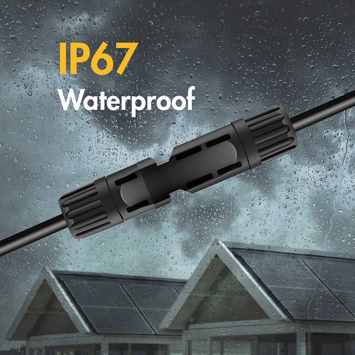 Een waterdichte kabelverbinder met beschermingsklasse IP67 wordt weergegeven tegen een regenachtige achtergrond.