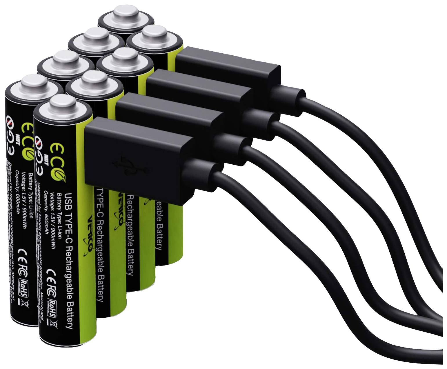 Vijf oplaadbare AA-batterijen met USB-C-aansluiting en aangesloten kabels, die efficiënte oplaadmogelijkheden demonstreren.