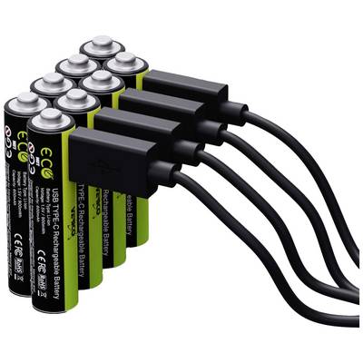 Vijf oplaadbare AA-batterijen met USB-C-aansluiting en aangesloten kabels, die efficiënte oplaadmogelijkheden demonstreren.