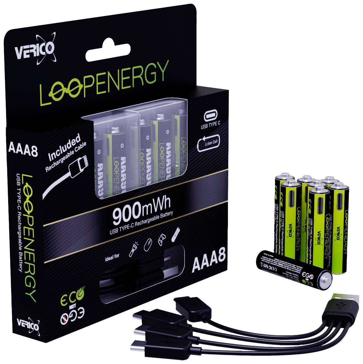 Verpakking van oplaadbare AAA-batterijen met 900mWh. Bevat een USB Type-C oplaadkabel. Naast de verpakking liggen vier batterijen en een kabel.