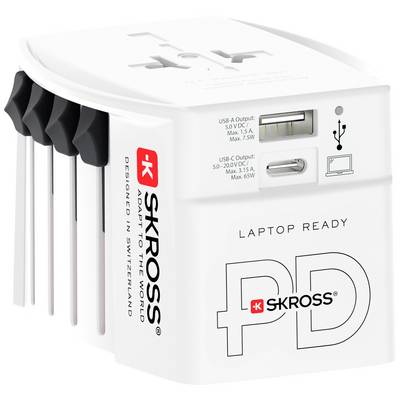 Reisadapter van SKROSS, wit, met meerdere stekkertypen en USB-poorten. Geschikt voor laptops en andere apparaten, wereldwijd bruikbaar.