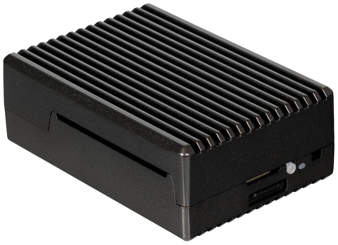 Zwart, rechthoekig behuizing met geribde oppervlakte, mogelijk bestemd voor elektronische apparaten zoals een mini-computer.