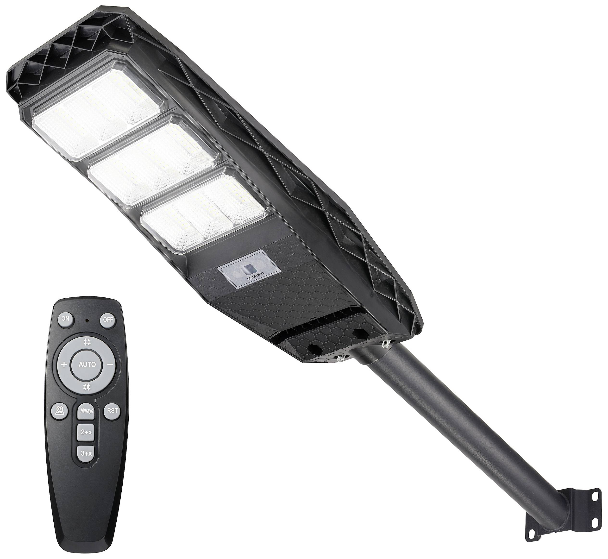 Straatlantaarn met zonnepaneel en afstandsbediening. Zwarte behuizing, meerdere LED-lampen zichtbaar. Voor efficiënte buitenverlichting.