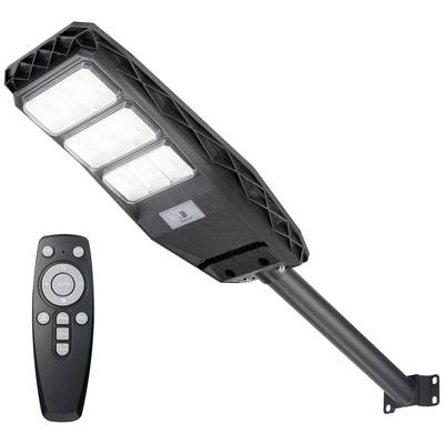 Straatlantaarn met zonnepaneel en afstandsbediening. Zwarte behuizing, meerdere LED-lampen zichtbaar. Voor efficiënte buitenverlichting.