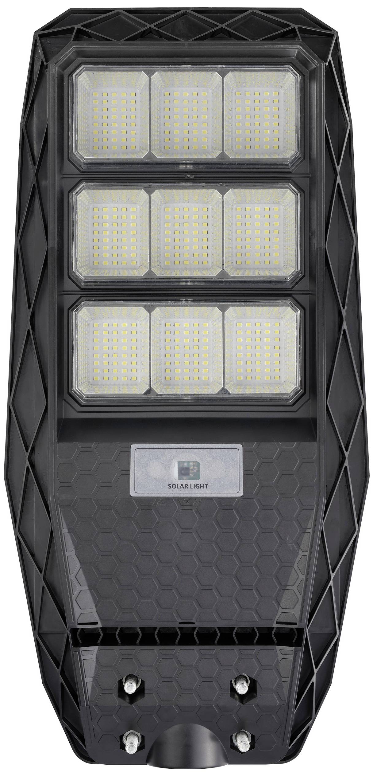 Zwarte LED-straatlantaarn met zes rechthoekige lichtpanelen en een klein zonnepaneel eronder; geschikt voor buitenverlichting.
