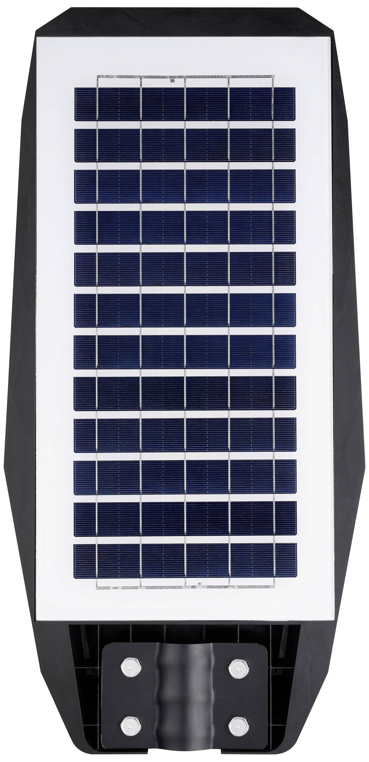Zonnepaneel met rechthoekig ontwerp en donkerblauwe zonnecellen op een witte achtergrond.