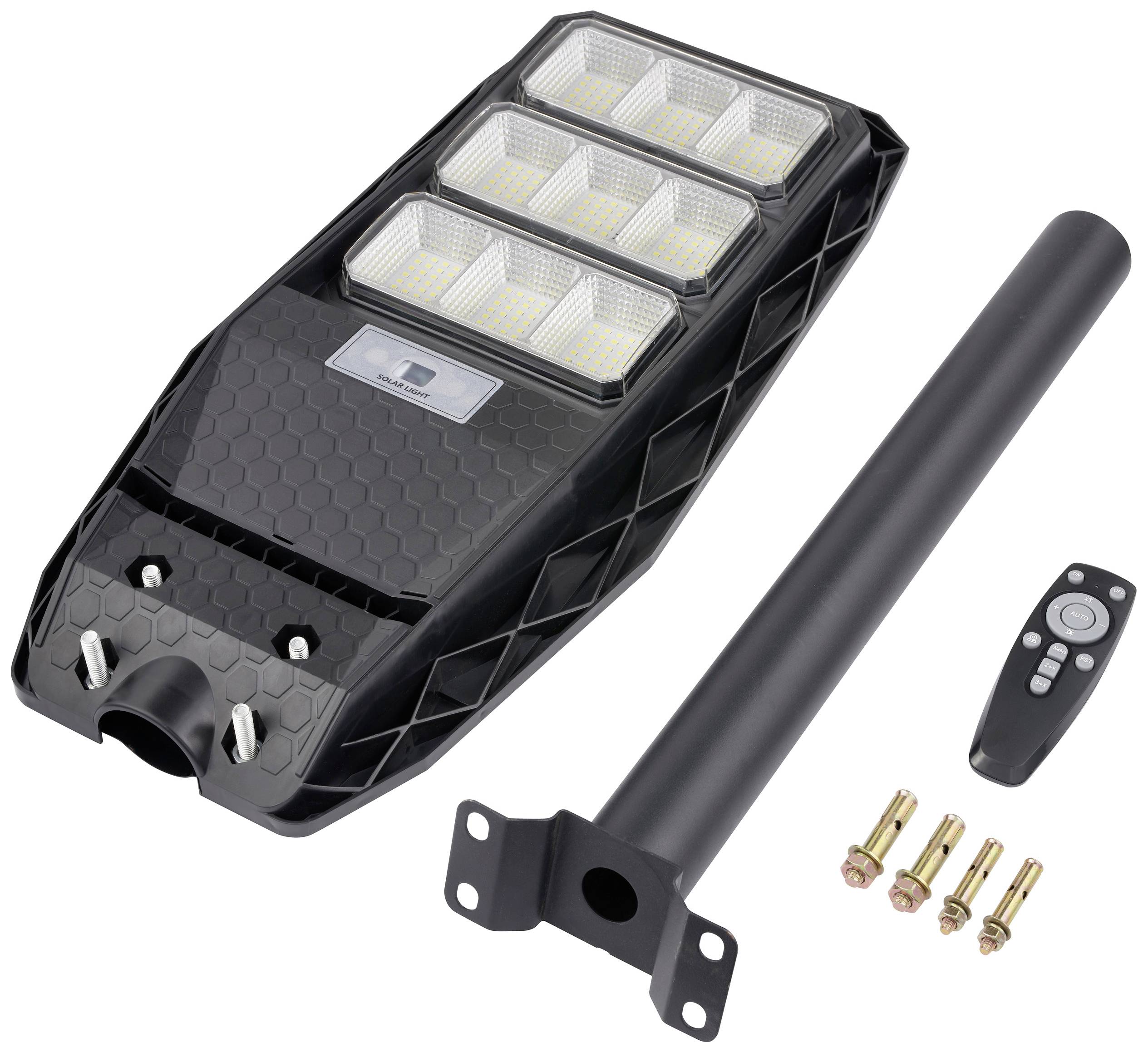 Straatlantaarn met zeshoekig LED-paneel, een afneembare paal, vier schroeven en een afstandsbediening voor bediening.