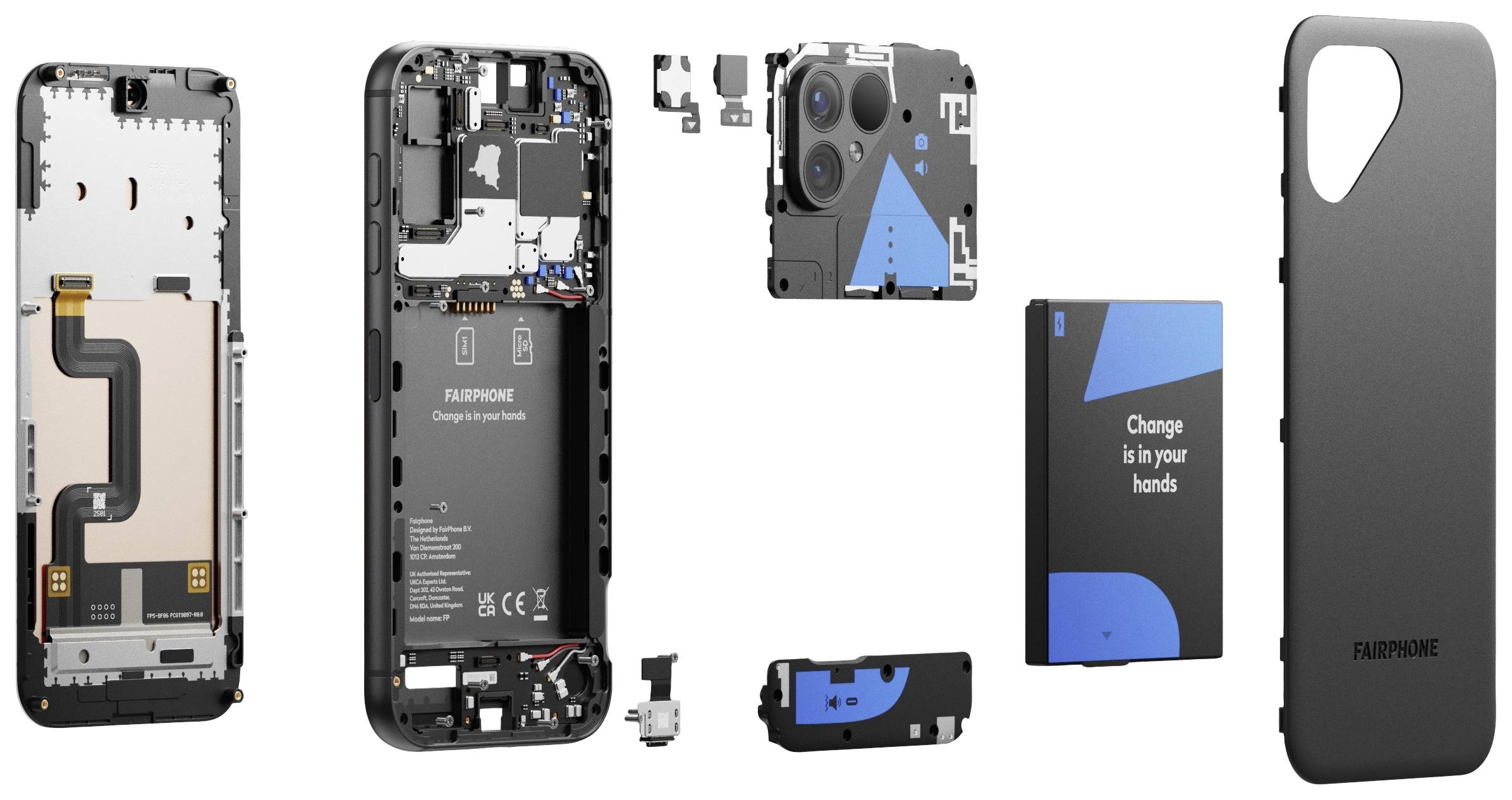 Een modulair smartphone toont zijn binnenste onderdelen: scherm, moederbord, camera, batterij en behuizing. Verpakking met slogan 'Verandering ligt in jouw handen'.