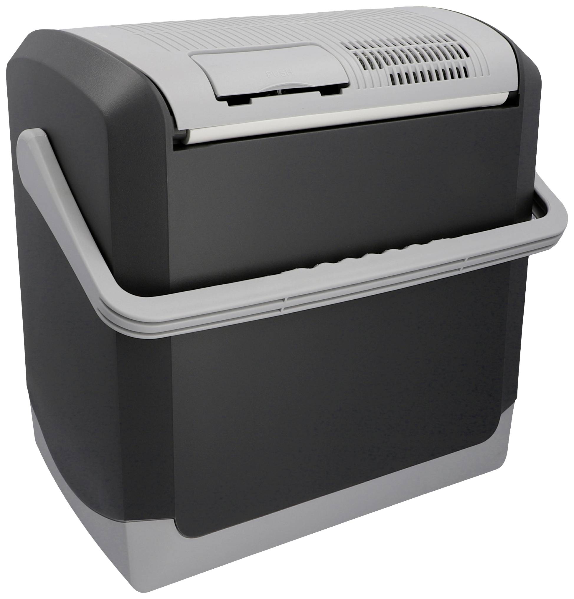 Compacte Smeg-koelkast met handgreep in donker design, geschikt voor kleine ruimtes of mobiel gebruik.