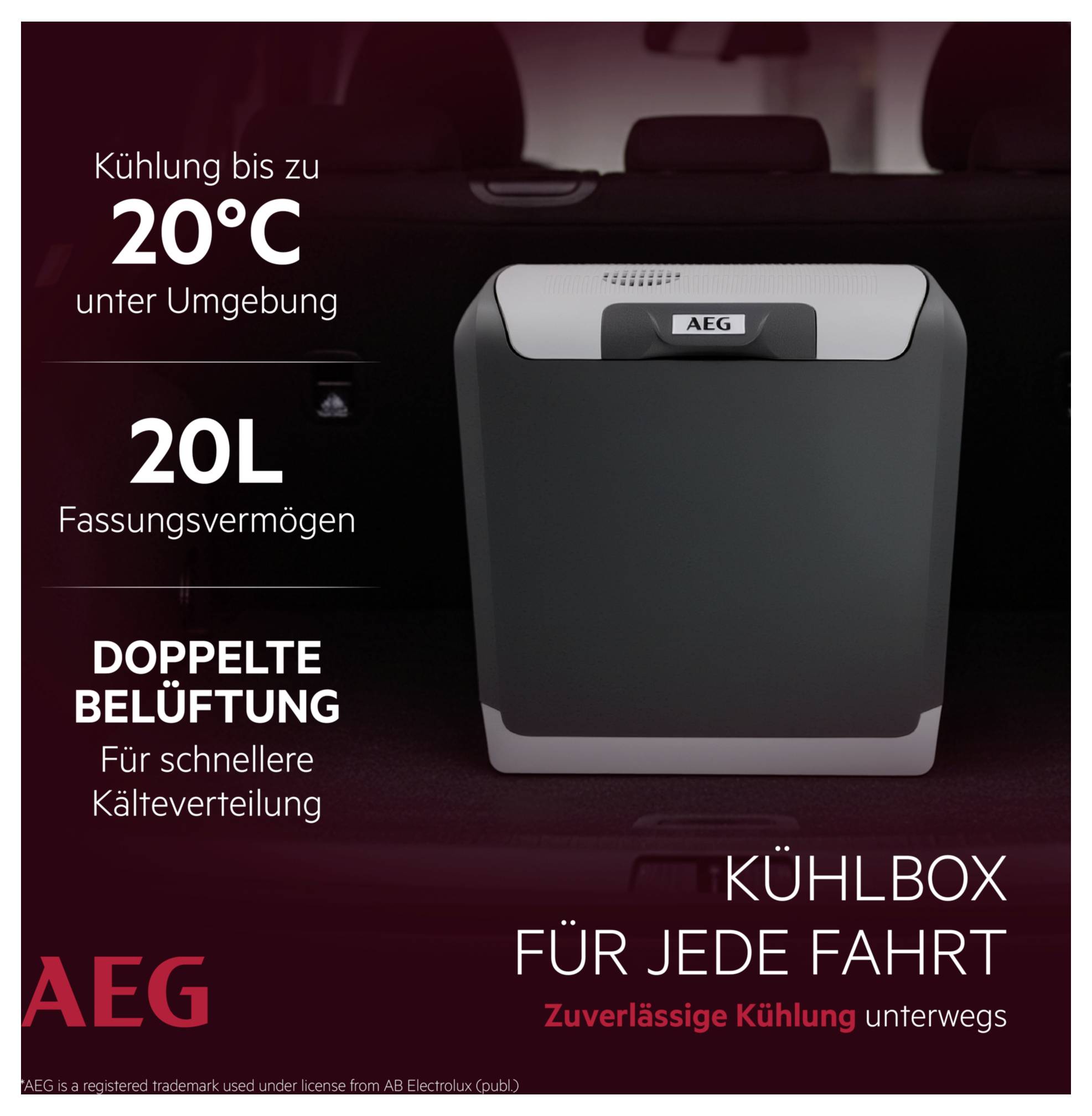 'Een compacte AEG-koeler in de kofferbak van een auto, met de belofte van '20°C onder de omgevingstemperatuur,' '20L capaciteit,' 'dubbele ventilatie' voor koeling tijdens reizen.'