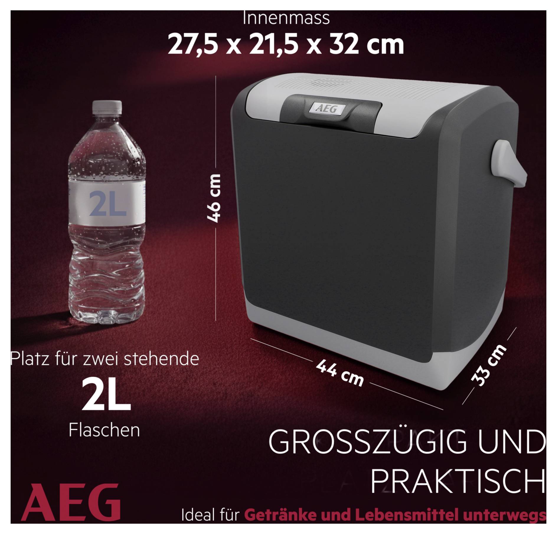 Een draagbare AEG koelbox, geschikt voor dranken en voedsel onderweg, past twee 2L flessen rechtop. Afmetingen: 27,5 × 21,5 × 32 cm.