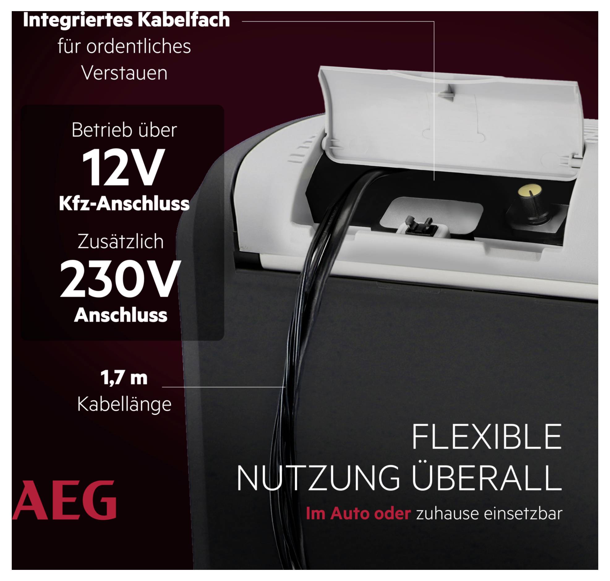 'AEG-product met geïntegreerde kabelcompartiment. Aangedreven via 12V autostekeraansluiting of 230V extra aansluiting. Kabellengte: 1,7m. Flexibel gebruik in auto of thuis.'