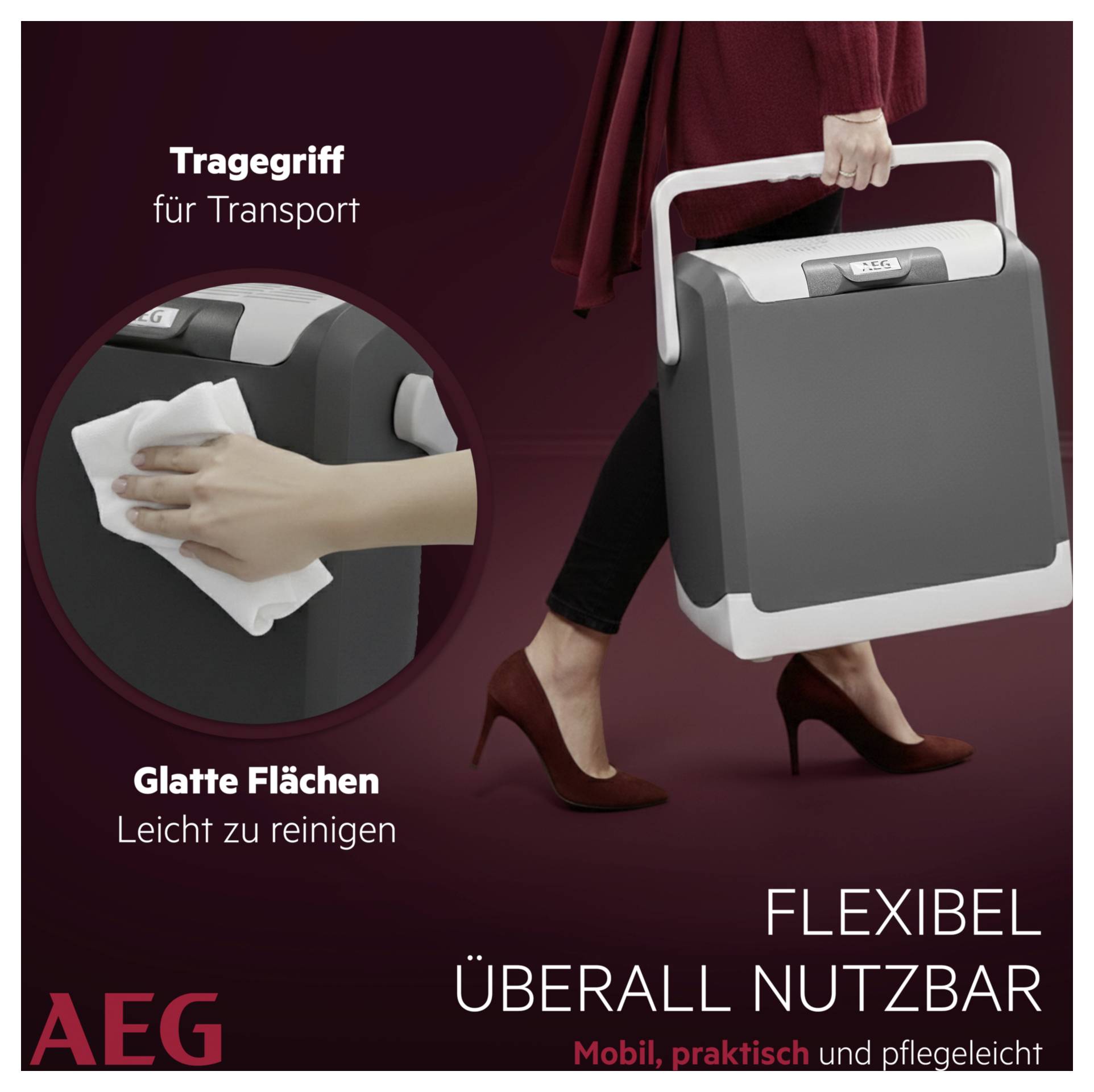 Een persoon in rode hakken draagt een draagbaar apparaat met een handvat. De inzet toont een hand die het gladde oppervlak van het apparaat schoonmaakt voor gemakkelijk onderhoud. De tekst luidt 'Flexibel überall nutzbar' en 'AEG'.