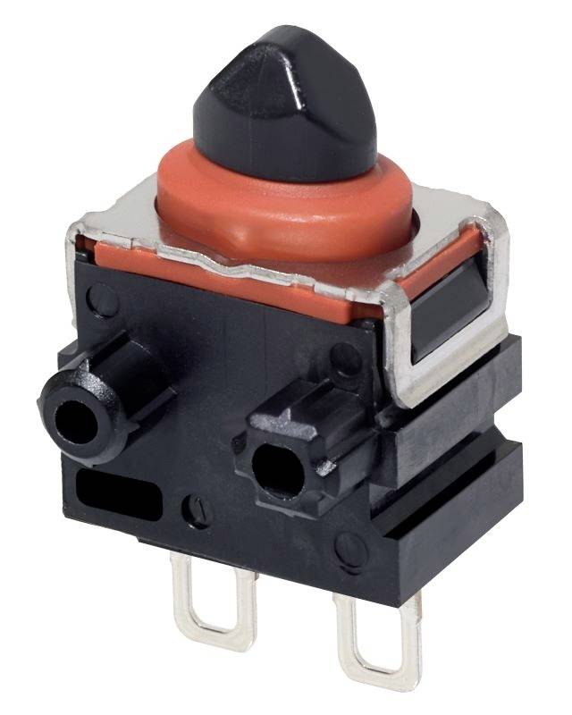 Een zwarte, rechthoekige drukschakelaar met rode knop en drie aansluitingen voor elektrische besturing, geïsoleerd.