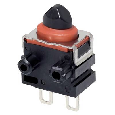 Een zwarte, rechthoekige drukschakelaar met rode knop en drie aansluitingen voor elektrische besturing, geïsoleerd.