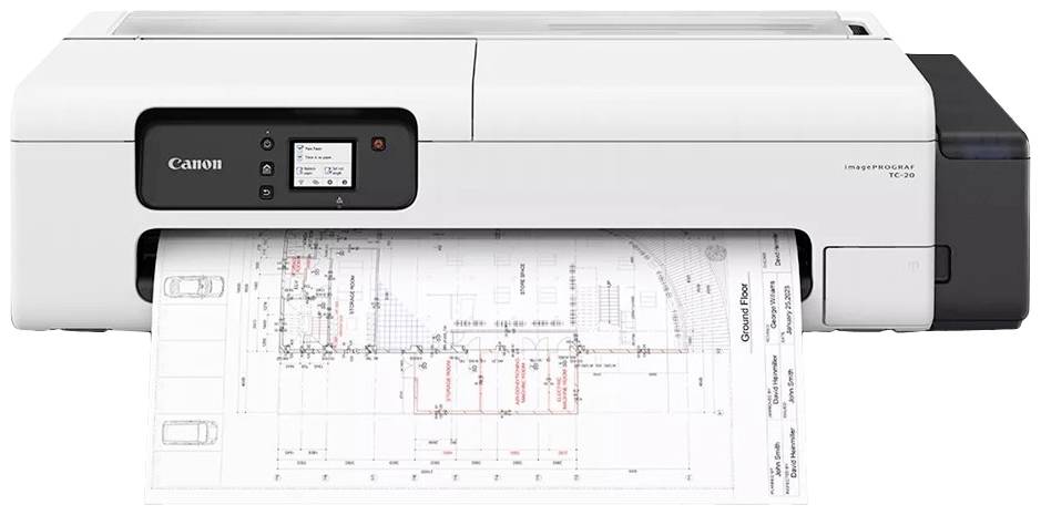 Een grote printer die een technische blauwdruk afdrukt. De plattegrond toont gedetailleerde lijnen en bijschriften op papier.
