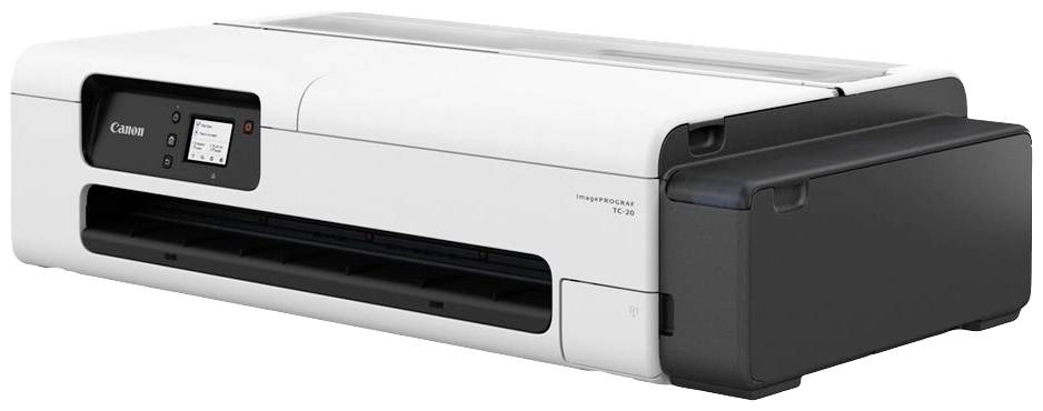 Een witte multifunctionele printer van Canon, model imagePROGRAF TA-30, met een display aan de linkerkant.