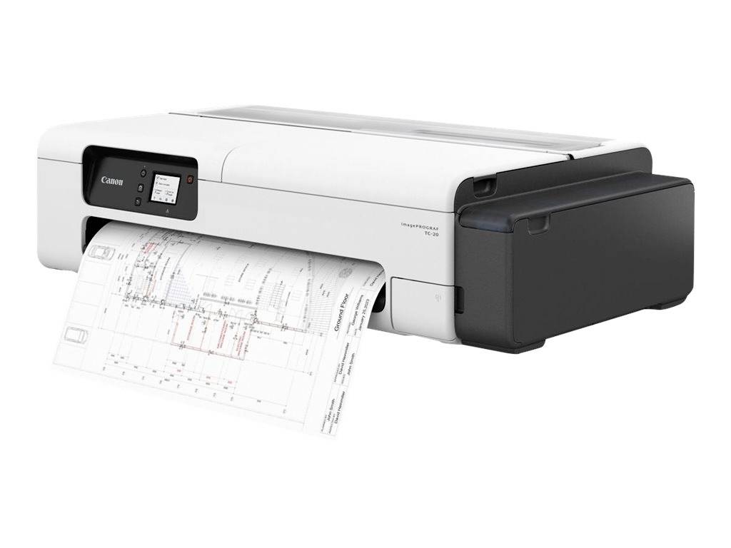 Een witte printer drukt een gedetailleerd technisch diagram uit met dunne lijnen en labels. Links is een klein display zichtbaar.