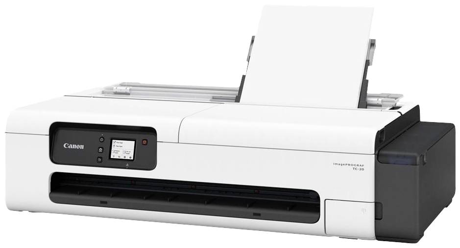 Een witte printer met een bovenste papierlade. Een klein display toont afdrukopties.