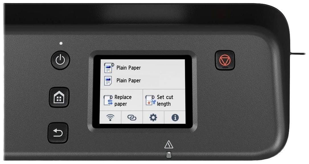 Printerbedieningspaneel met scherm toont opties: 'Gewoon papier', 'Papier vervangen', 'Snijlengte instellen'. Toetsen voor Stroom, Home, Terug.
