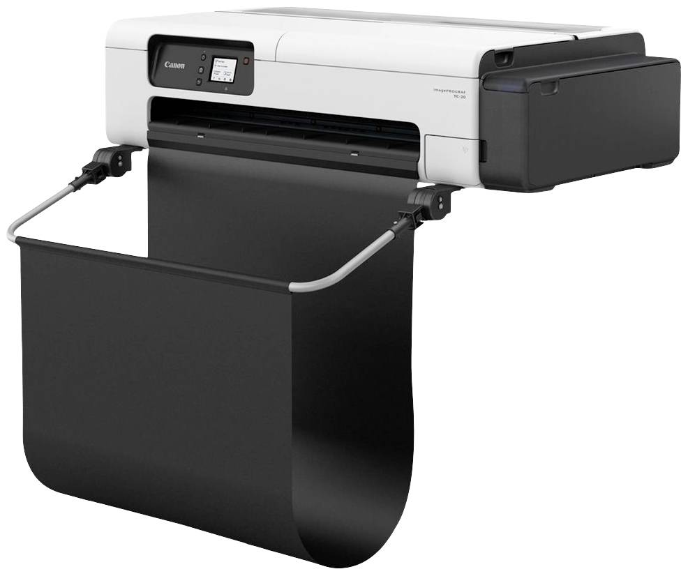 Een grote printer met een zwarte papieropvangbak. Op een klein display zijn bedieningselementen zichtbaar.