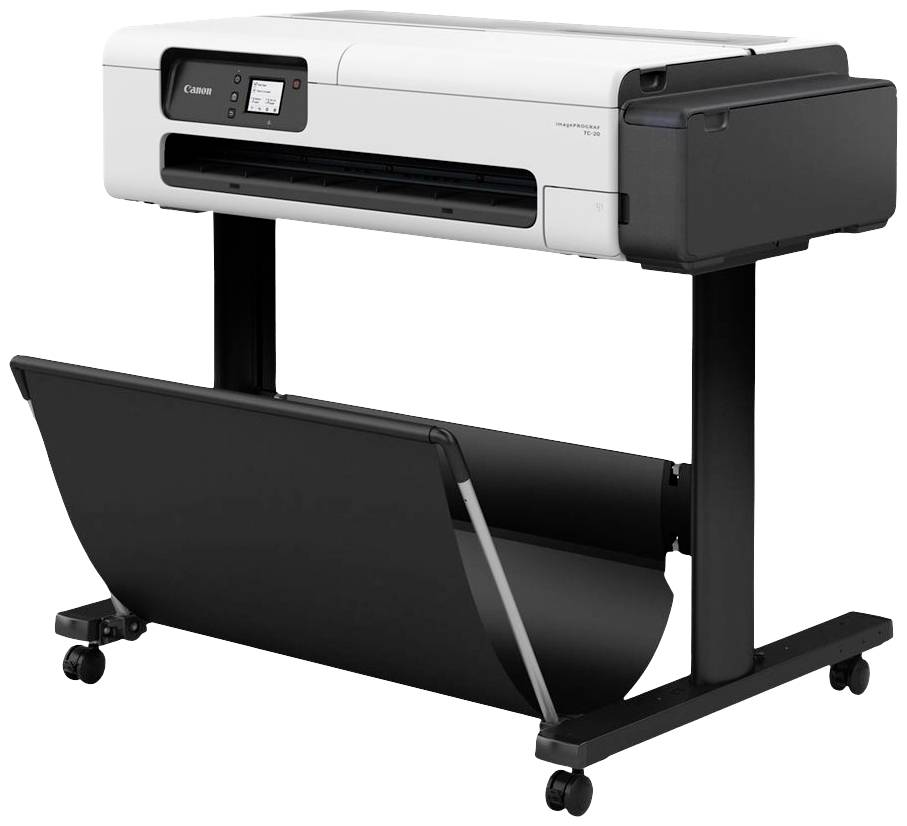 Grote printer met wielen voor kantoorgebruik, compacte bouwwijze met een wit behuizing, geschikt voor grootformaat afdrukken.