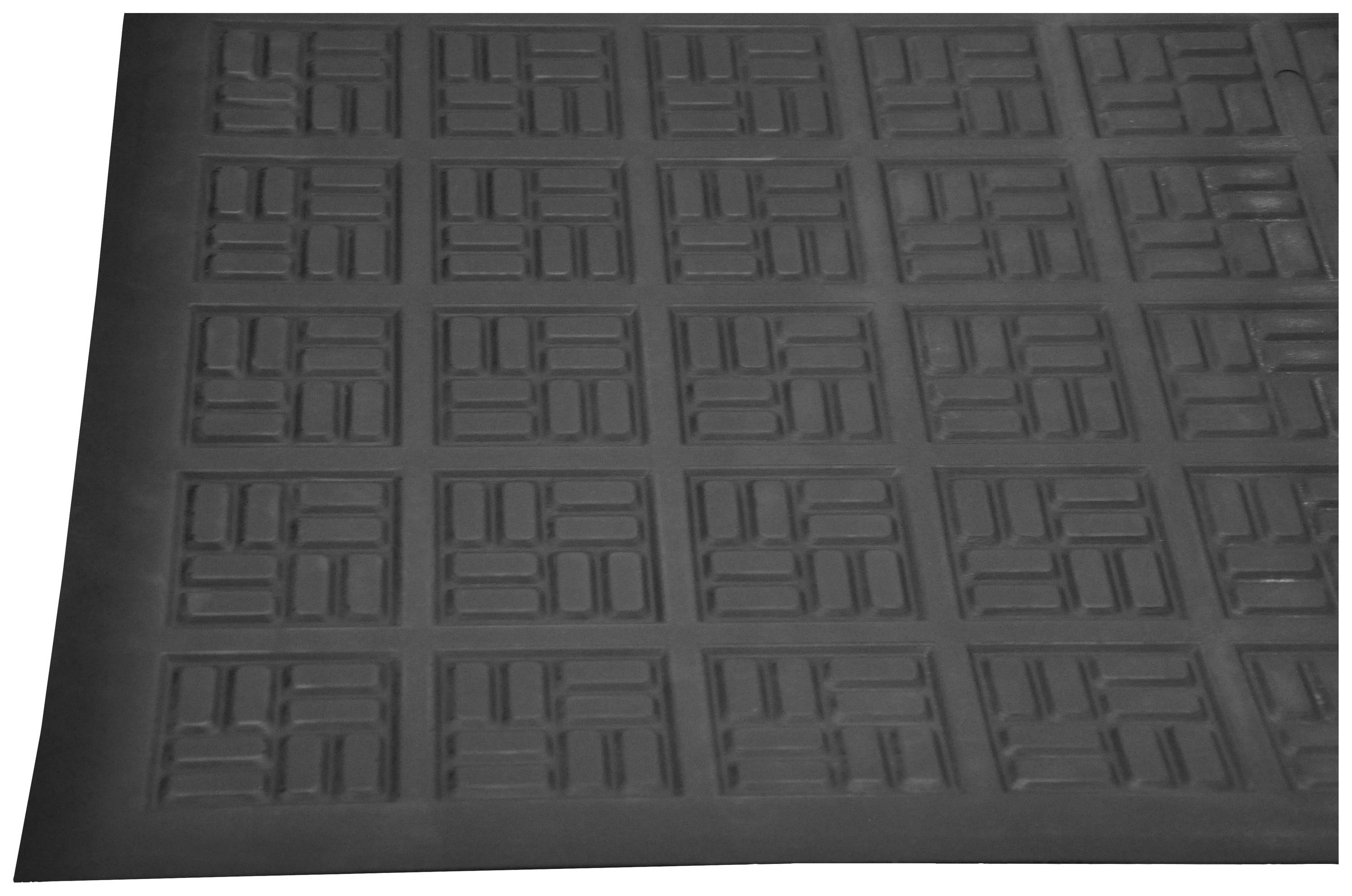 Een zwarte mat met een herhalend geometrisch patroon van vierkanten die elkaar rakende lijnen vertonen.