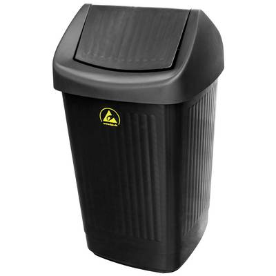 Een zwarte vuilnisemmer met deksel, verticale ribbels en een geel recycling-symbool aan de voorkant.