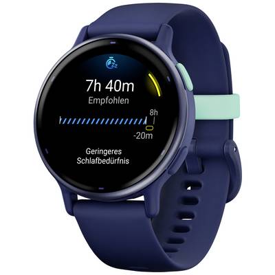 Smartwatch met rond display toont slaapstatistiek: Aanbevolen slaapduur 7u 40m. Werkelijke slaapduur 8u.