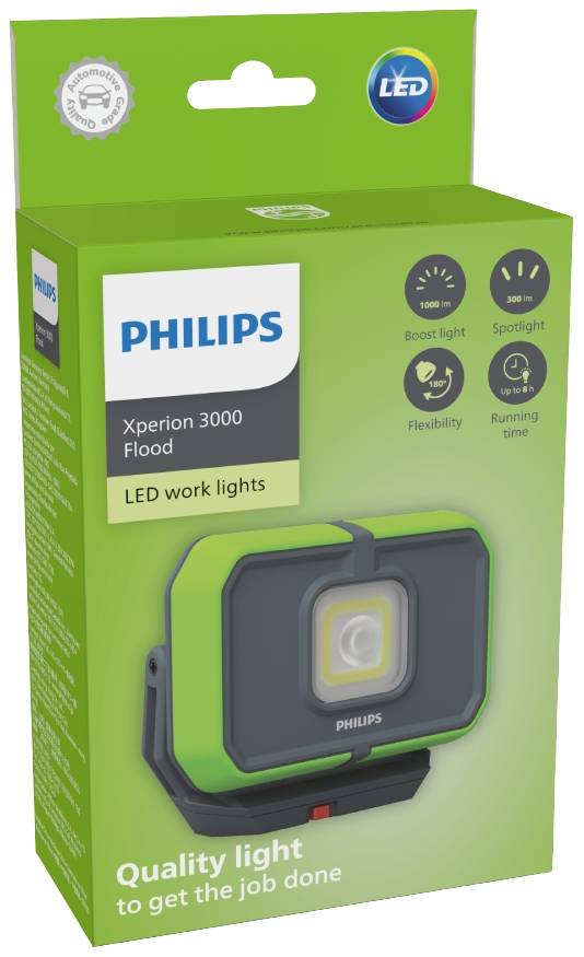 'Philips LED-werkverlichting, model Xperion 3000 Flood. Eigenschappen: Boost Light, Spot Light, Flexibiliteit, Bedrijfsduur.' Verpakking in groen en zwart.