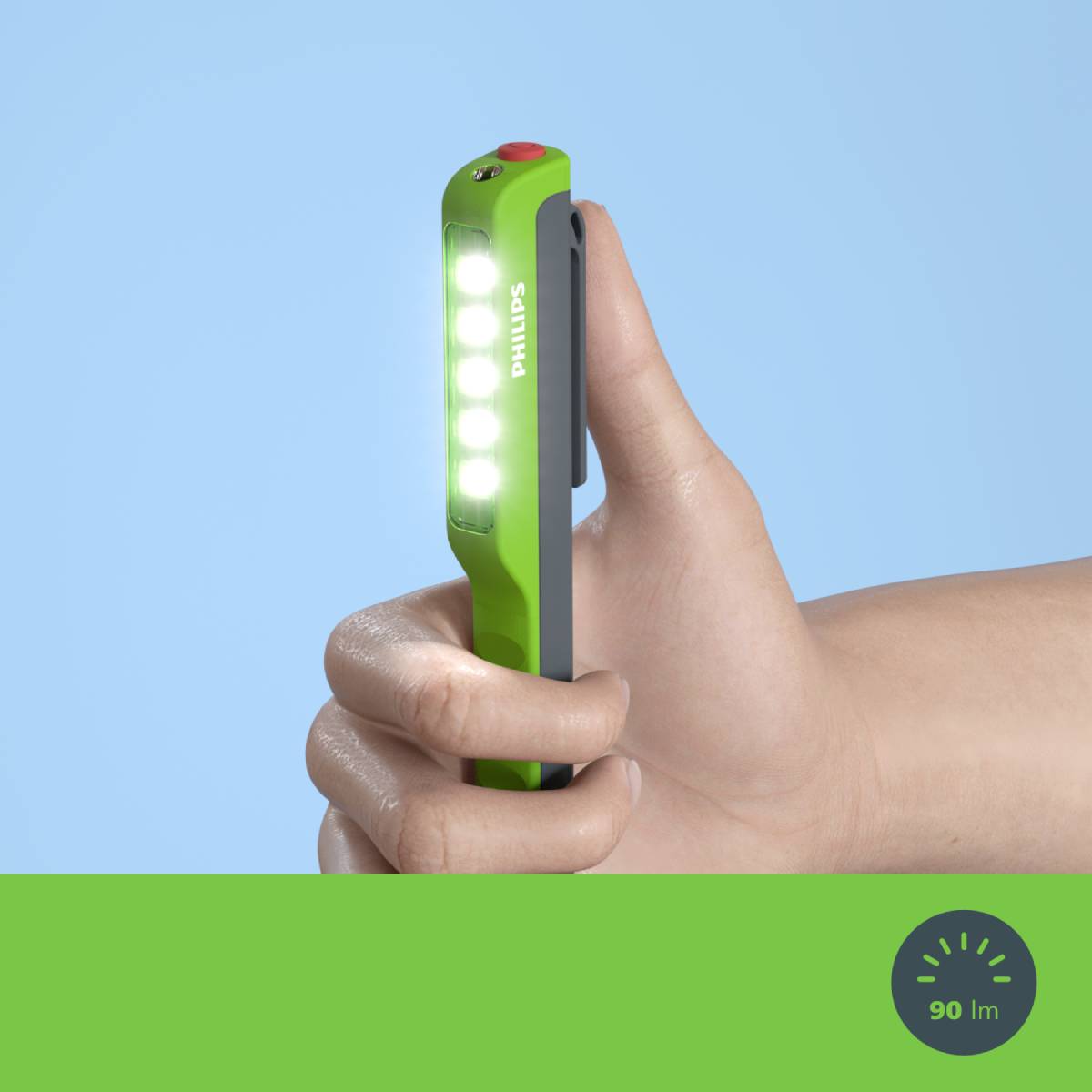 Een hand houdt een draagbare groene LED-lamp vast. In het onderste gedeelte van het beeld bevindt zich een symbool met de aanduiding '90 lm', dat de helderheid aangeeft.