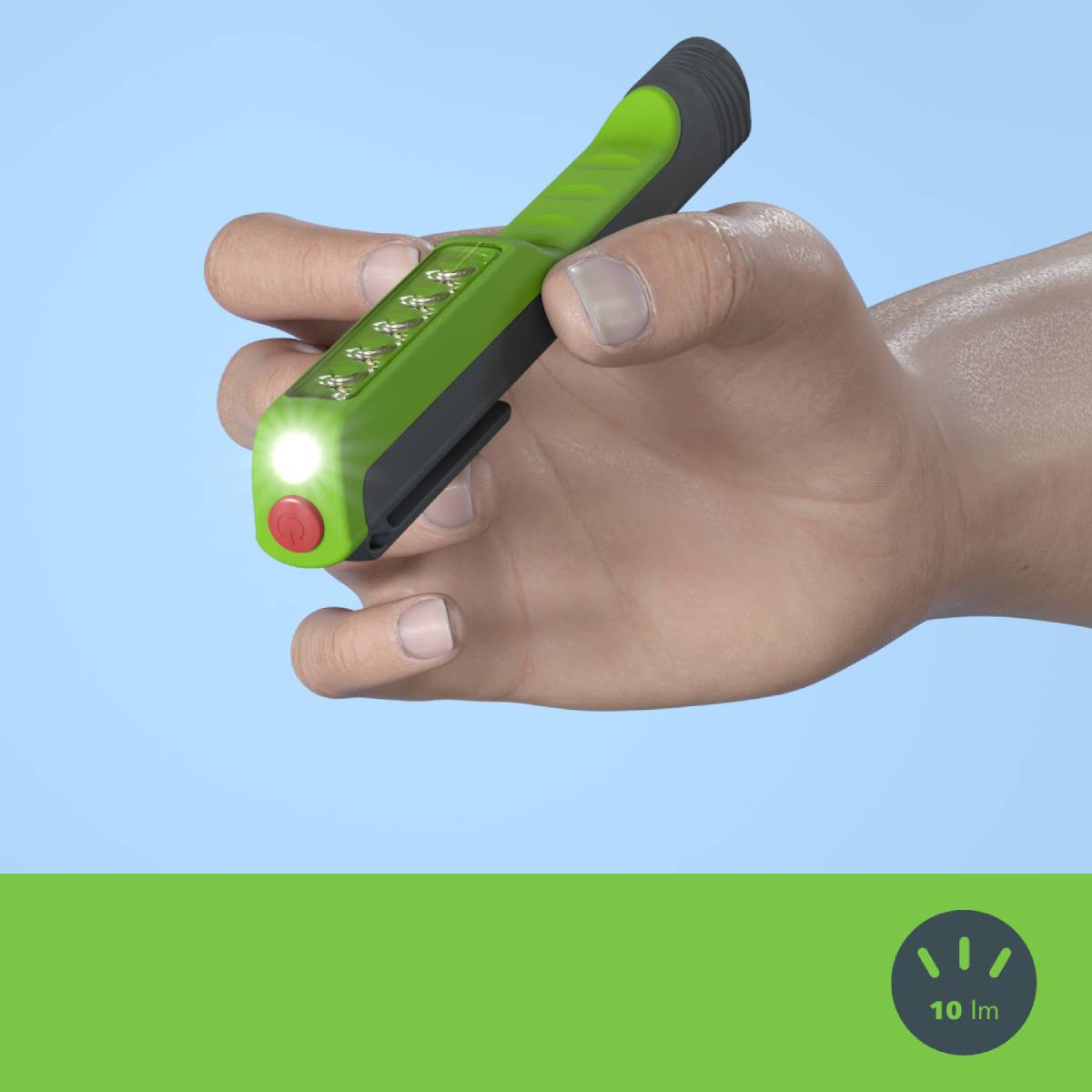 Een hand houdt een groene zaklamp vast die schijnt. Rechtsonder toont een symbool '10 lm' voor de lichtsterkte.