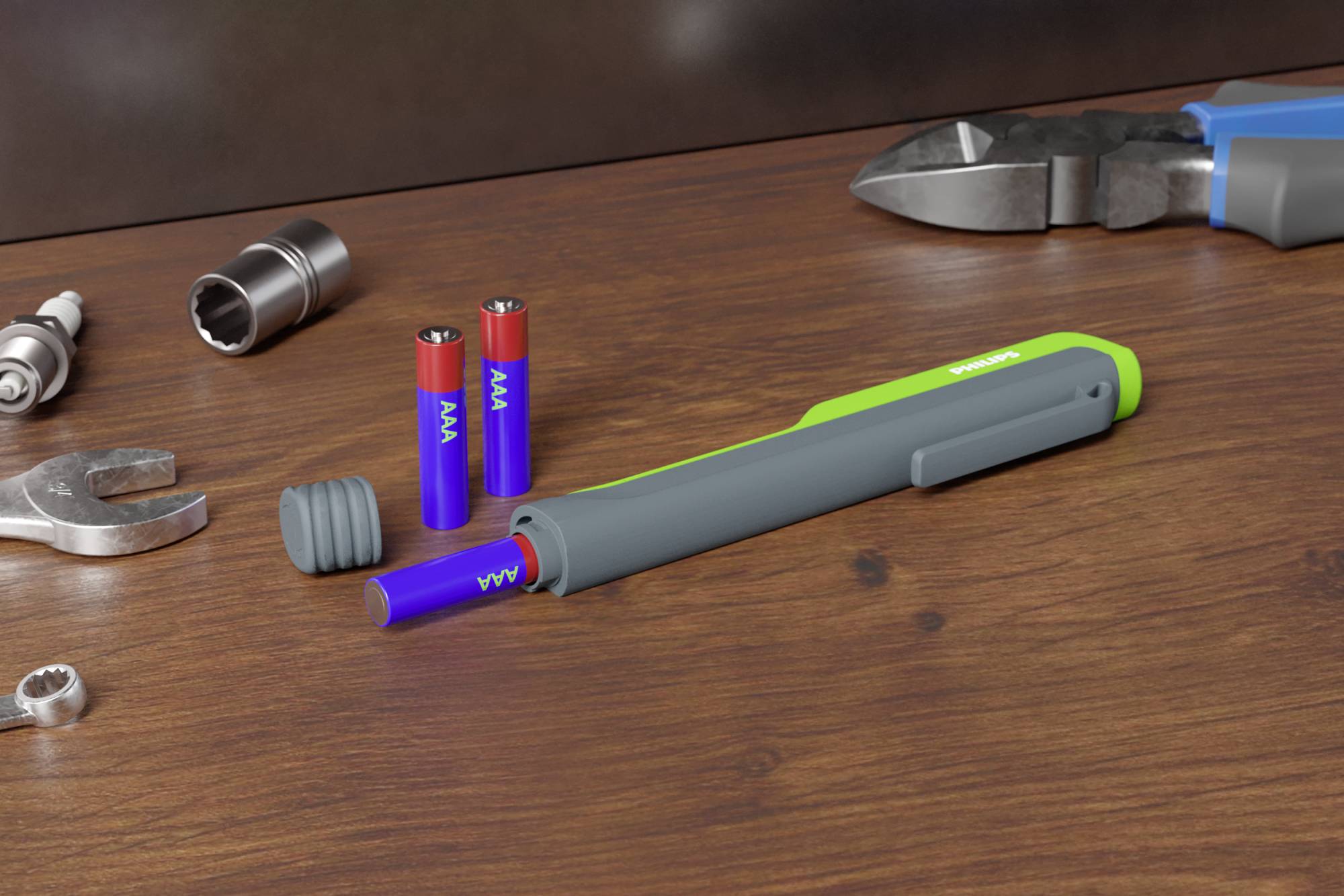 Een digitale spanningszoeker, omringd door een tang, een moersleutel en batterijen, ligt op een houten tafel.