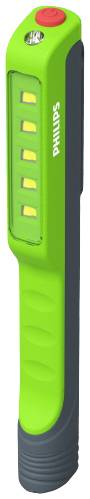 Groene handlamp met zwarte handgreep en zes gele LED's. Bovenaan bevindt zich een rode knop.