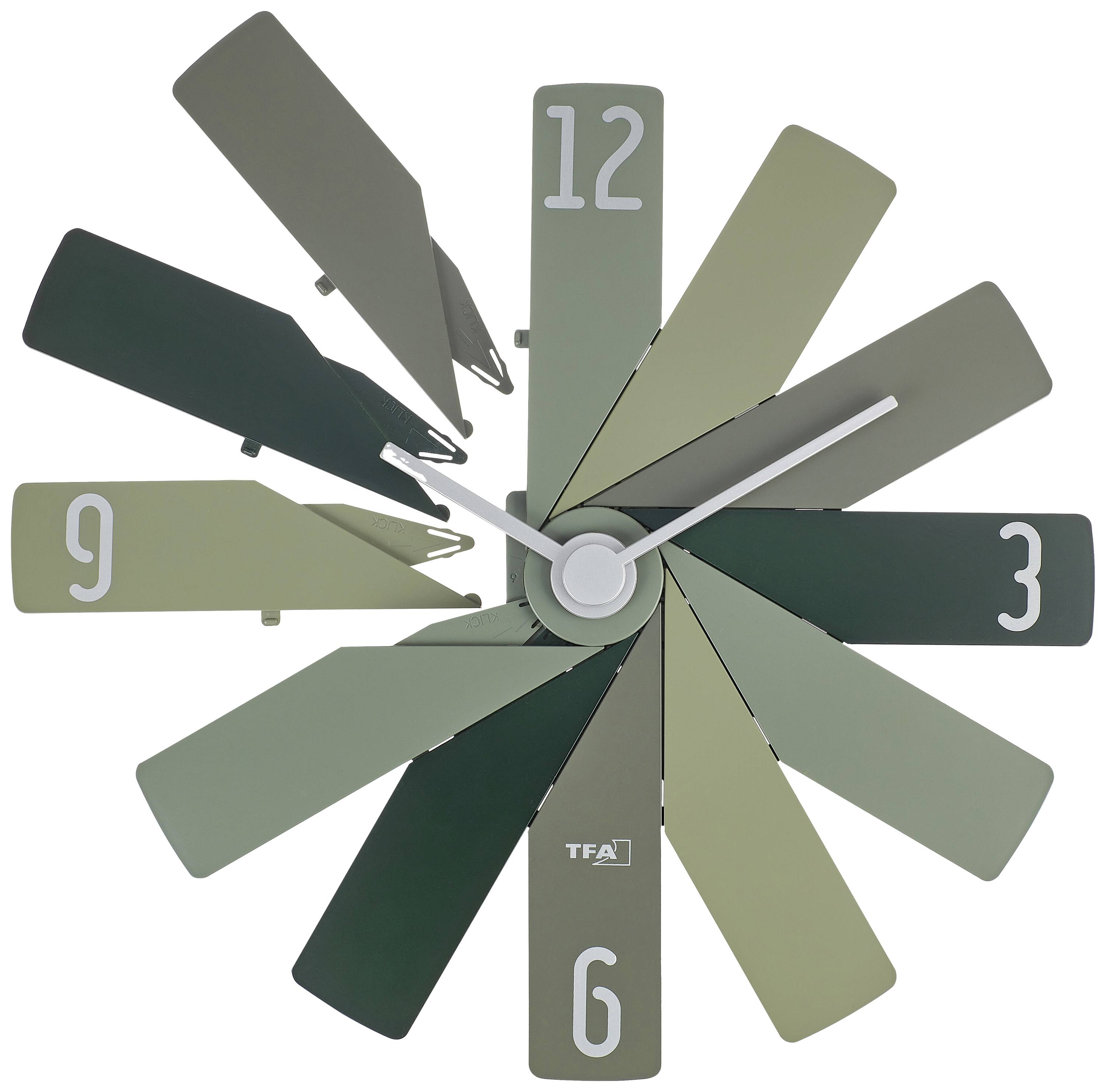 Analoge klok met twaalf verschillende, overlappende wijzers in groen- en bruinachtige tinten, met de nummers 3, 6, 9 en 12.