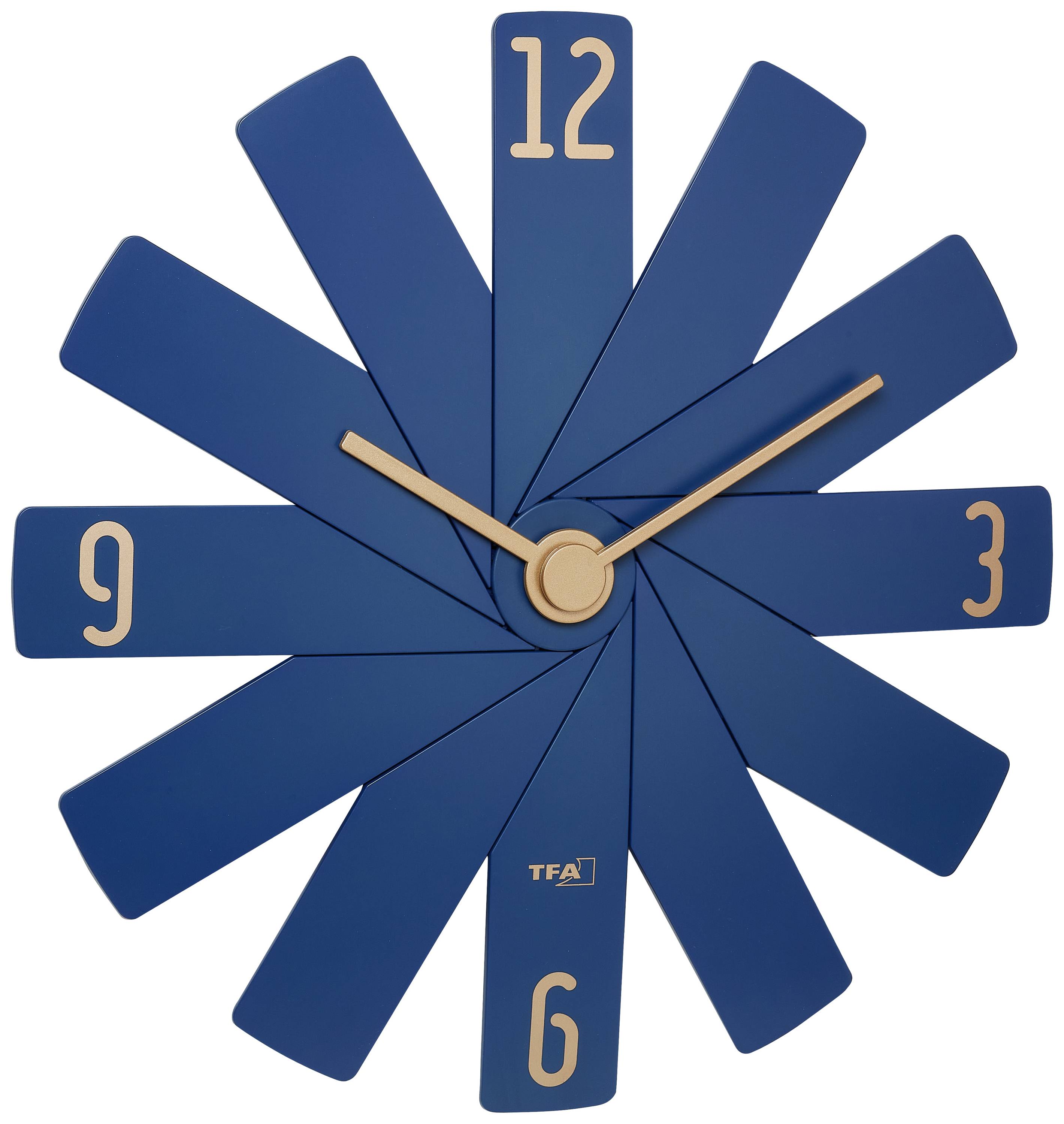 Blauwe wandklok met twaalf overlappende segmenten. Uurmarkeringen bij 12, 3, 6 en 9 uur. Gouden wijzers wijzen naar 10:10.