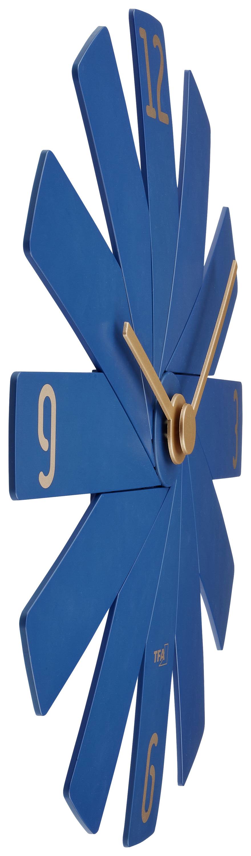 Blauwe wandklok met gouden wijzers en cijfers op 3, 6, 9 en 12. Klokontwerp met spaakachtige segmenten.