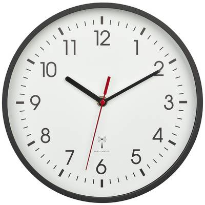 Een analoge wandklok toont 10:09 uur. Zwarte uur- en minutenwijzers, rode secondenwijzer, zwarte lijst, witte cijfers.