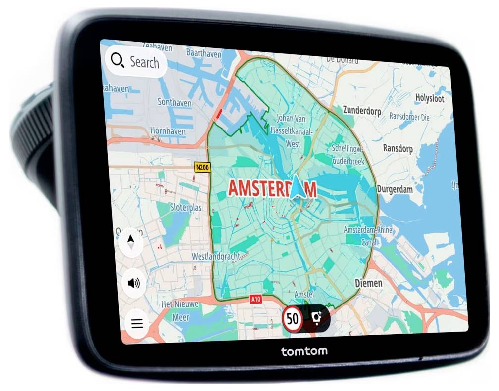 Een TomTom-gps-scherm toont een kaart van Amsterdam met de stad gemarkeerd in groenblauw en nabijgelegen wegen, waterwegen en een snelheidslimiet van 50 pictogram.