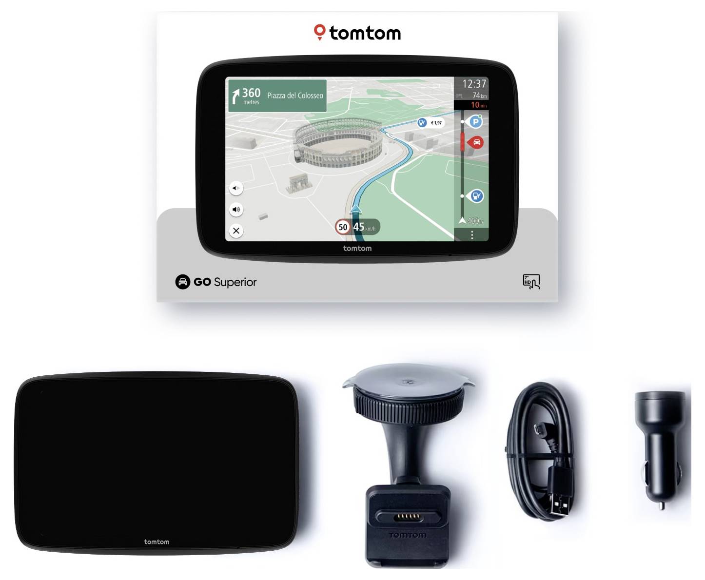 TomTom GO Superior GPS-navigator weergegeven met verpakking en bijgeleverde accessoires: mount, USB-kabel en autolader.