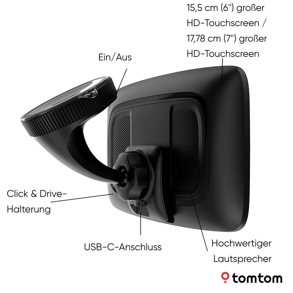Een TomTom-navigatieapparaat met HD-touchscreen, aan/uit-knop, Click & Drive-houder, USB-C-aansluiting en luidspreker.