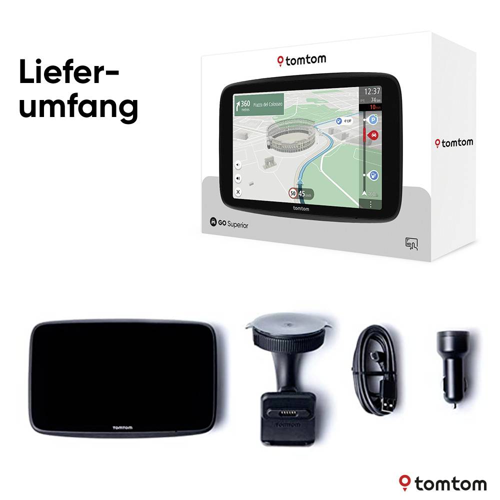 Leveringsomvang van een TomTom GO Superior navigatieapparaat. Afgebeeld zijn het apparaat, een zuignap houder, een oplaadkabel en een adapter.